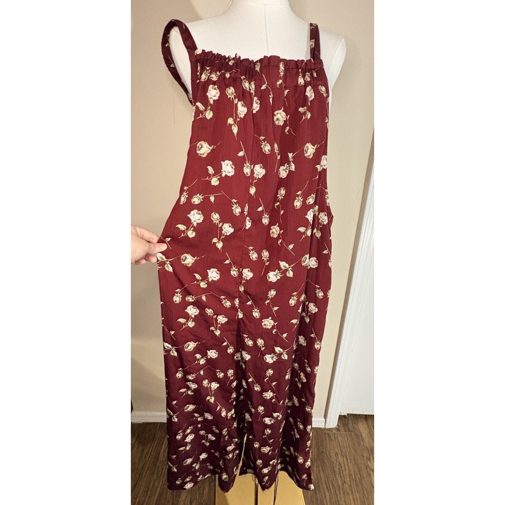 Entro M Romper Pant Floral Burgundy Casual Jumpsuit Wide Leg Crop Boho Peasant